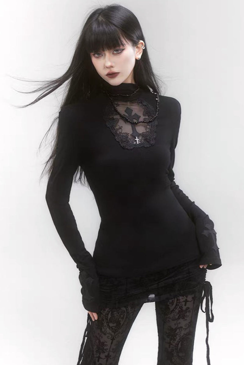 Black High‑Neck Lace Cross Fitted Top