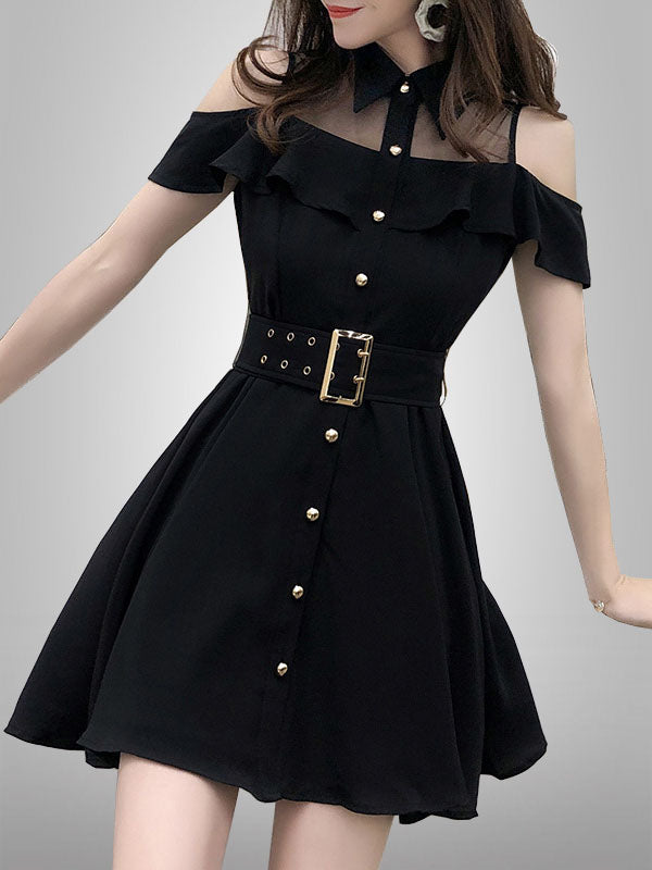 Cold Shoulder Belted Black Dress