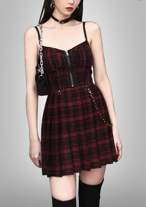 Pleated plaid dress,Punk mini dress,Plaid punk dress,Pleated mini dress,Plaid tartan dress,Punk-inspired mini dress,Pleated plaid skirt dress,Mini dress with punk vibes,Grunge plaid dress,Pleated punk rock dress,Plaid mini dress with pleats,Punk aesthetic mini dress