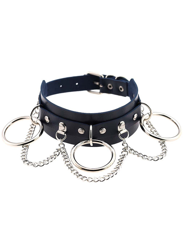 Black Gothic Chain Rivet Ring Choker/ Buckle Leather Choker