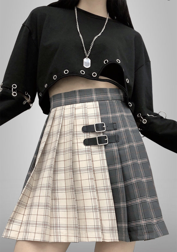 Belt Patchwork Plaid Mini Skirt