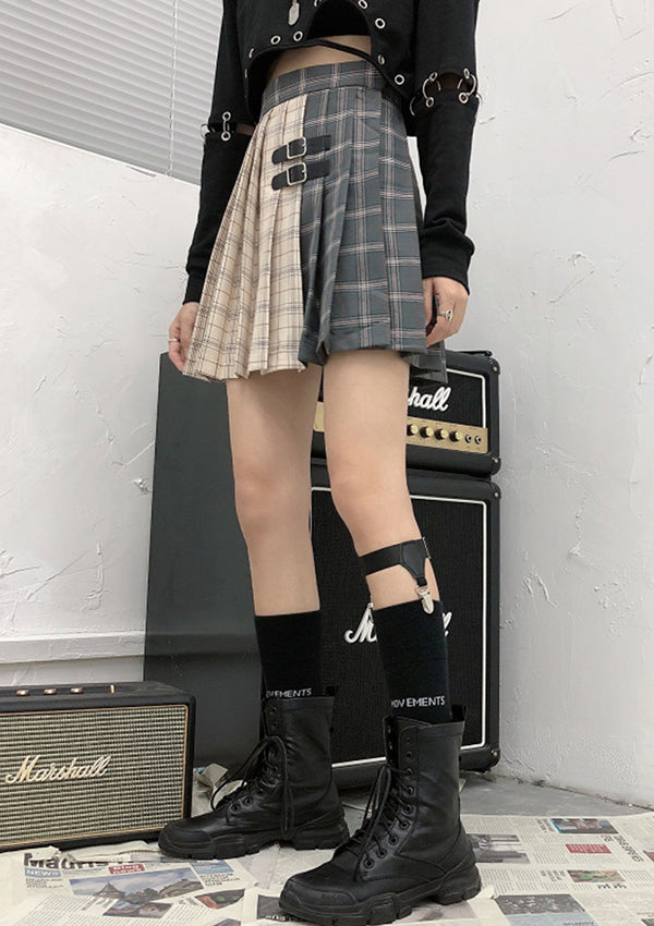 Belt Patchwork Plaid Mini Skirt