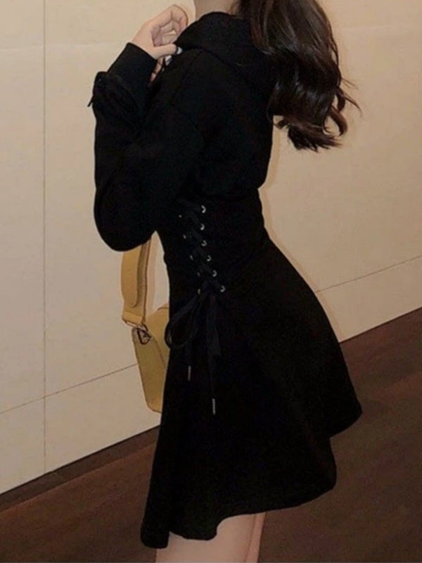Lace Up High Waist Hoodie Dress