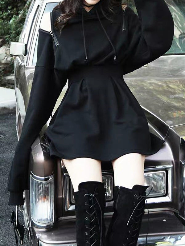 Waisted Zipper Shoulder Hoodie Dress