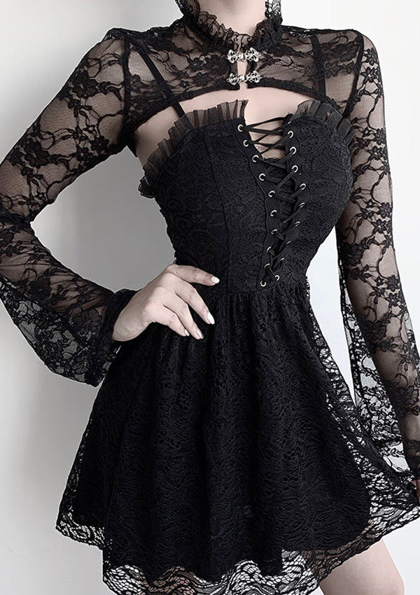 Gothic Black Trumpet Long Sleeve Hollow Out Lace Crop Top