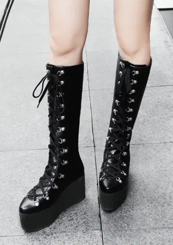 Gothic Rivet Wedges High Heels Lace Up Knee Boots