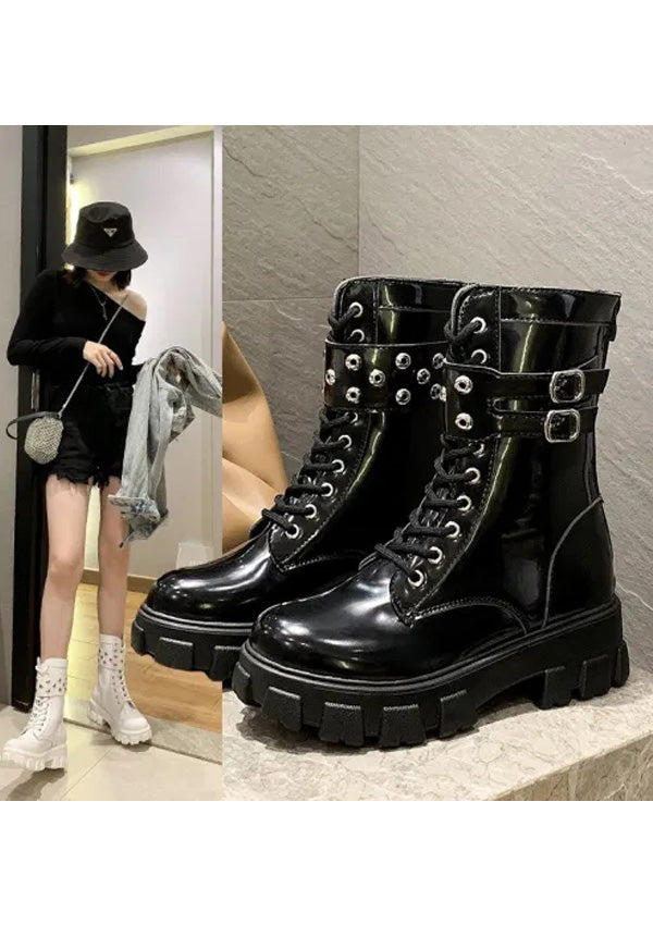 Black Platform Patent Leather Punk Motorcycle Boots