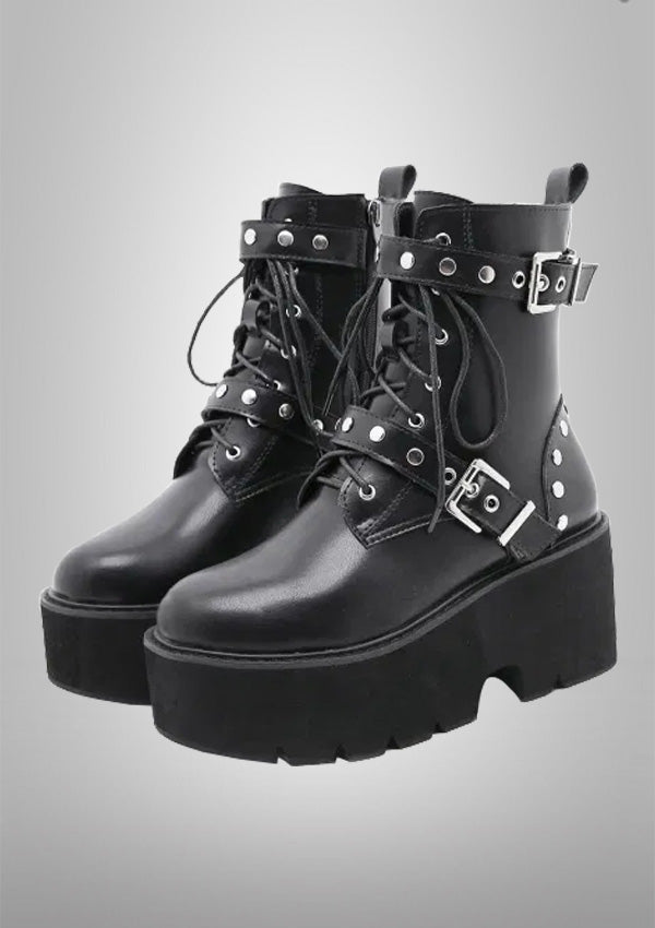 Black Rivet Strap Platform Ankle Boots
