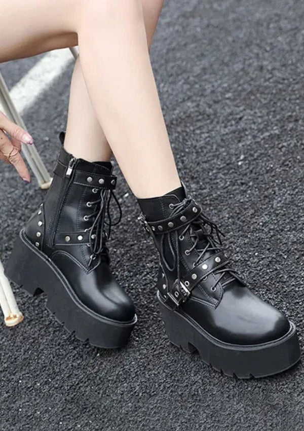 Black Rivet Strap Platform Ankle Boots