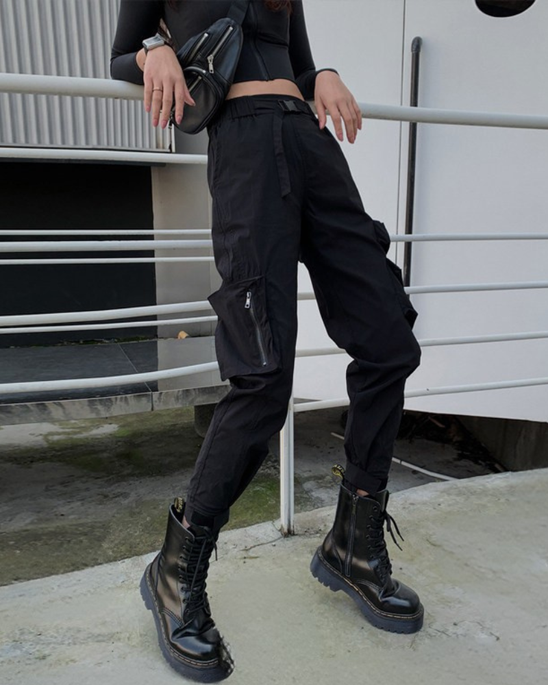 Street Functional Women Black Cargo Pants