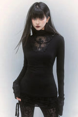 Black High‑Neck Lace Cross Fitted Top