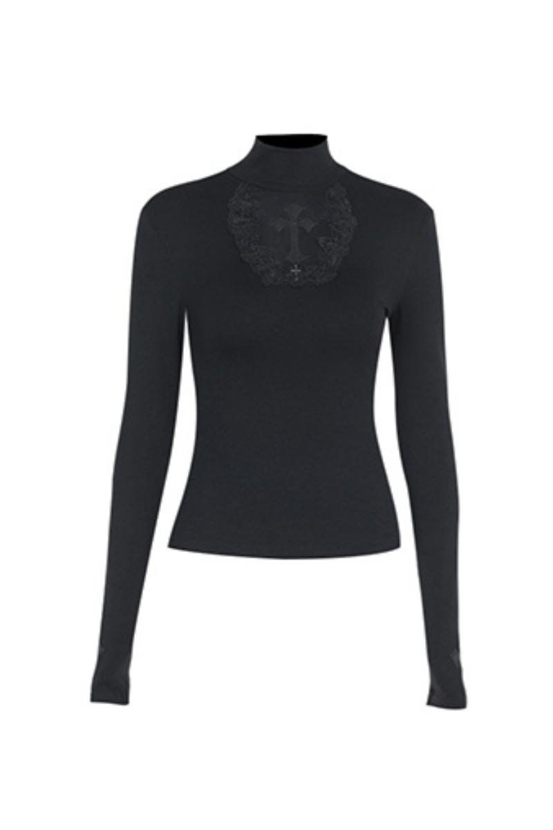 Black High‑Neck Lace Cross Fitted Top