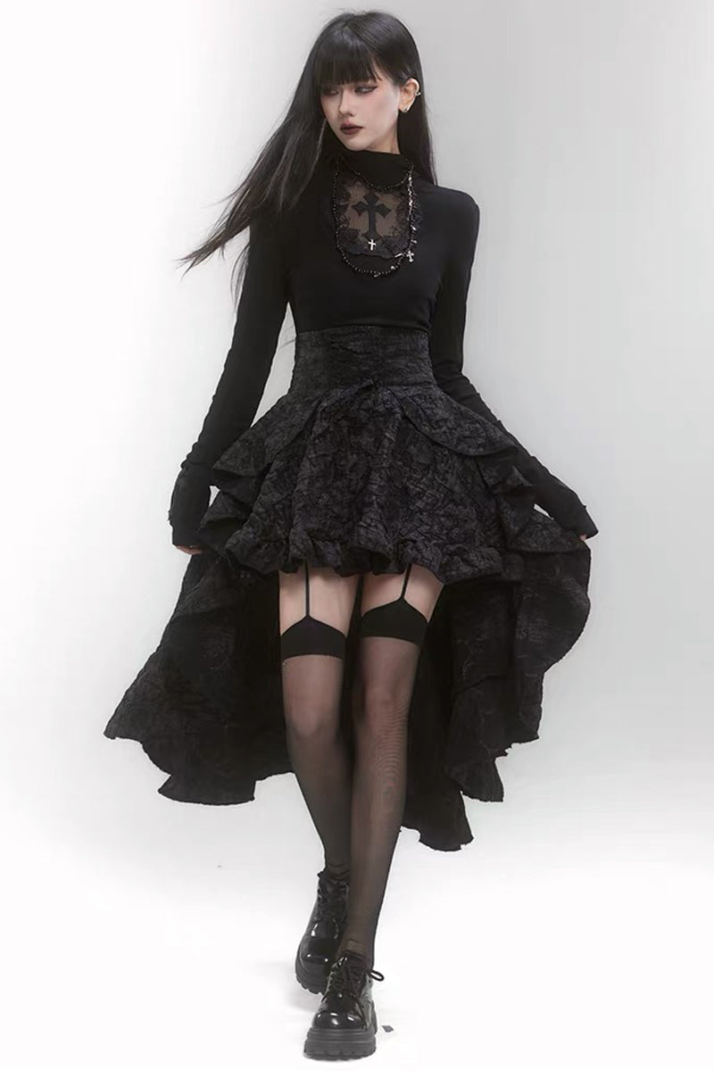 Black High‑Neck Lace Cross Fitted Top