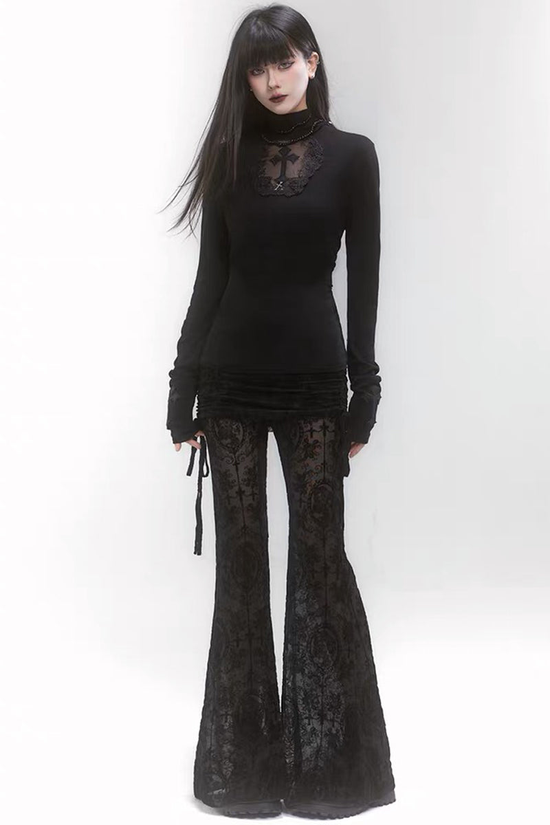 Black High‑Neck Lace Cross Fitted Top
