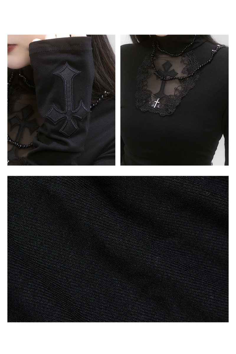 Black High‑Neck Lace Cross Fitted Top