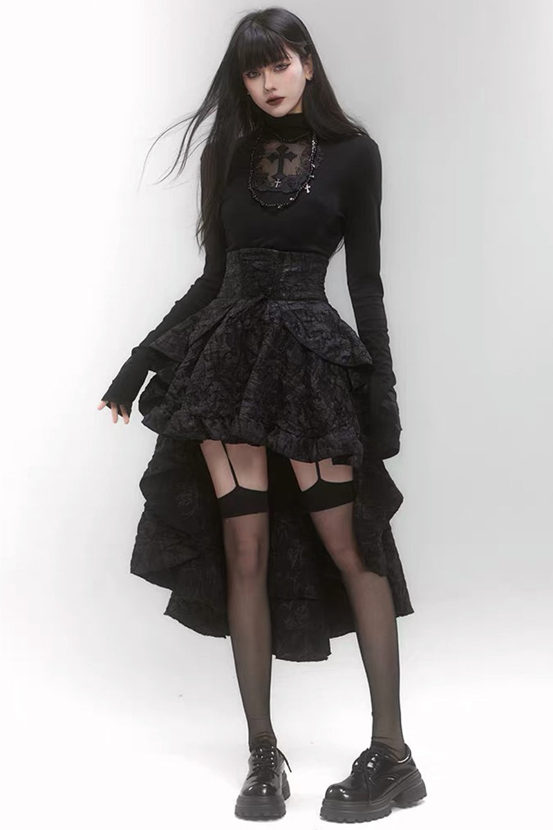 Black High‑Neck Lace Cross Fitted Top
