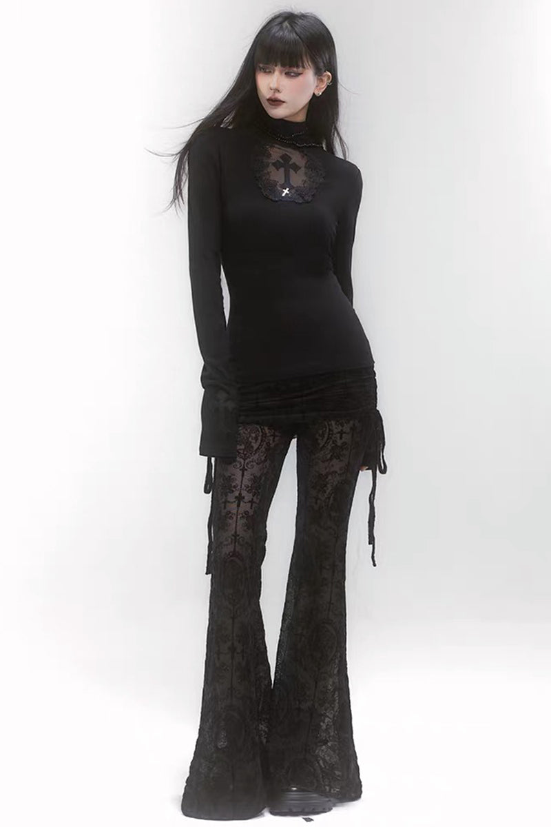 Black High‑Neck Lace Cross Fitted Top