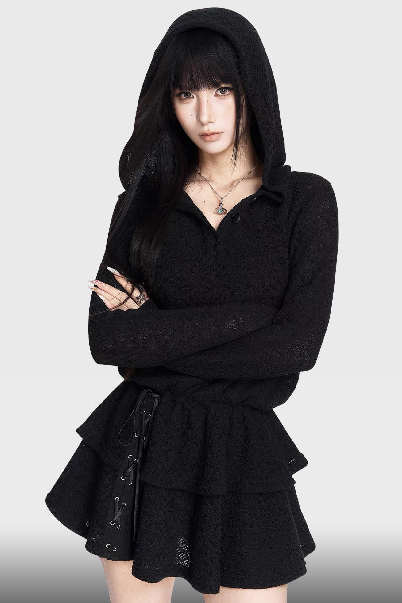 Dark Elastic Waist Hooded Knit Dress