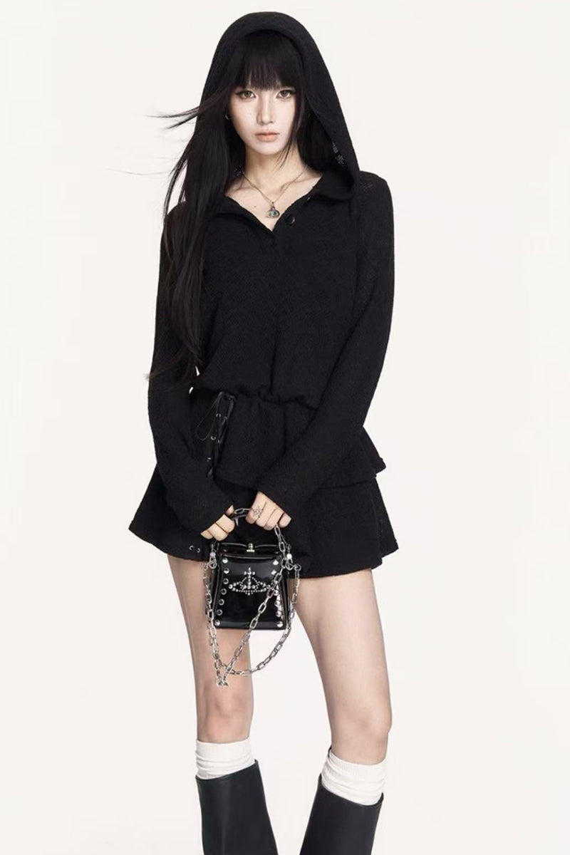 Dark Elastic Waist Hooded Knit Dress