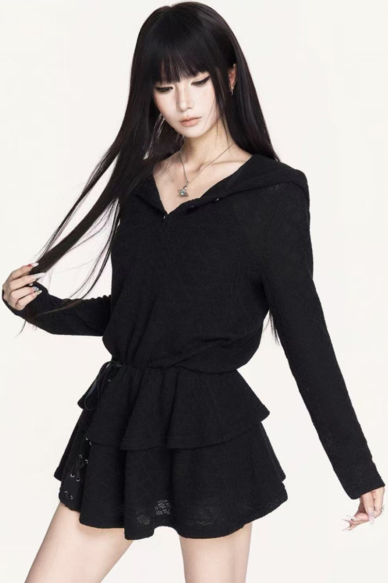 Dark Elastic Waist Hooded Knit Dress