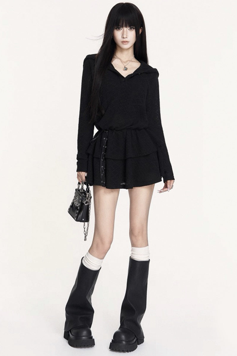 Dark Elastic Waist Hooded Knit Dress