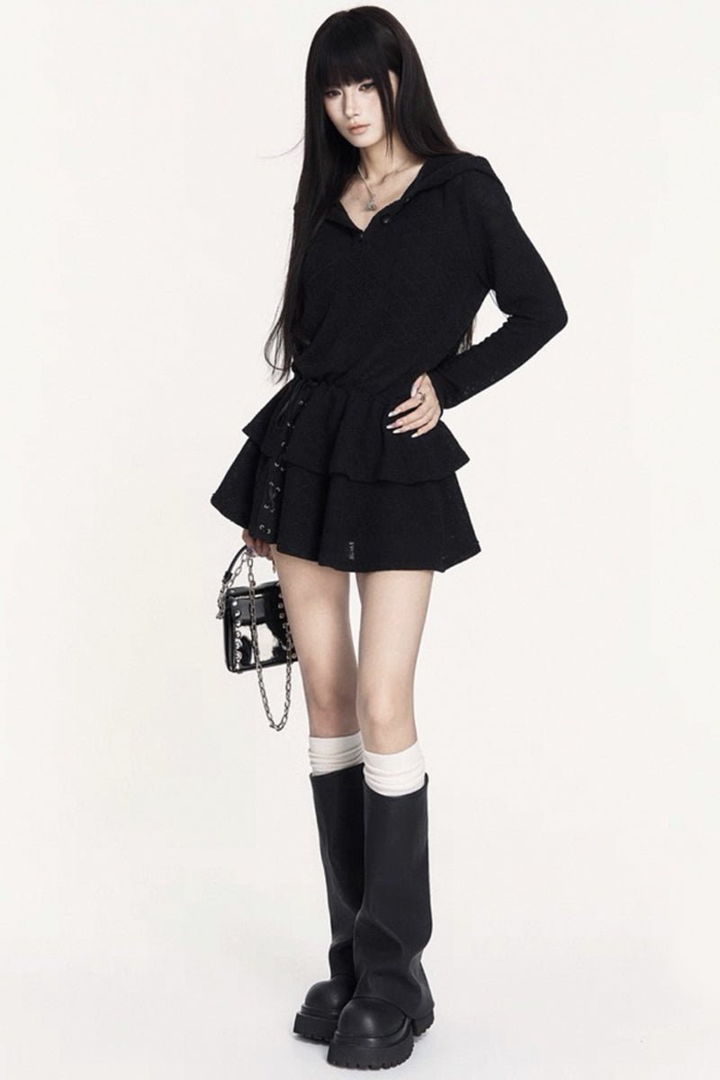 Dark Elastic Waist Hooded Knit Dress