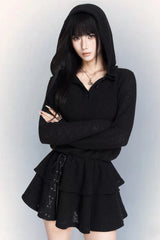 Dark Elastic Waist Hooded Knit Dress