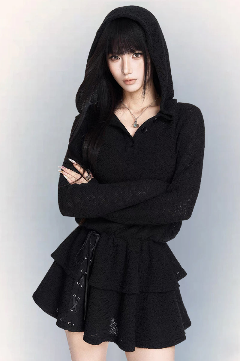 Dark Elastic Waist Hooded Knit Dress