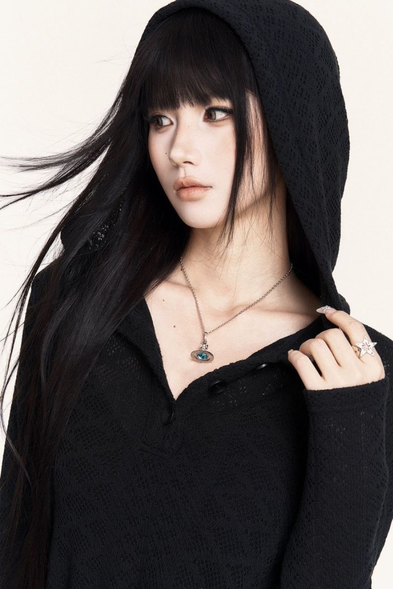Dark Elastic Waist Hooded Knit Dress