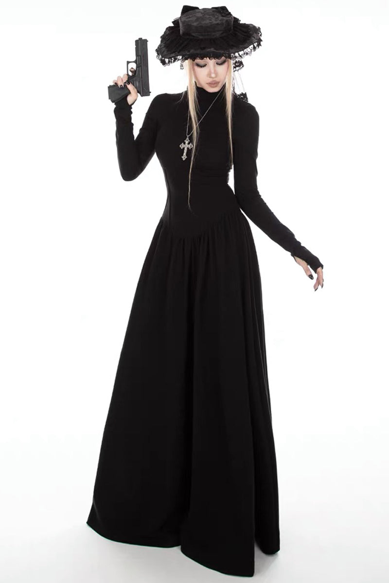 Dark Gothic A-Line Flare Maxi Dress