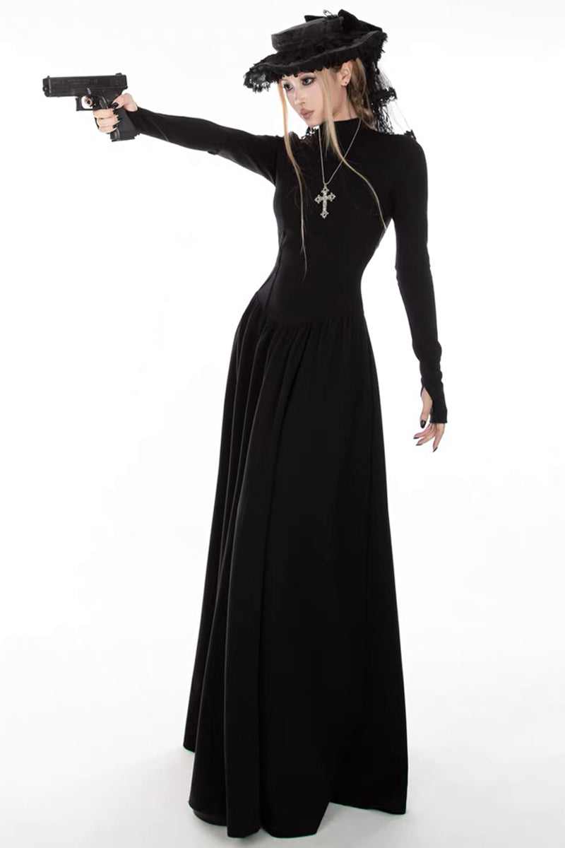 Dark Gothic A-Line Flare Maxi Dress