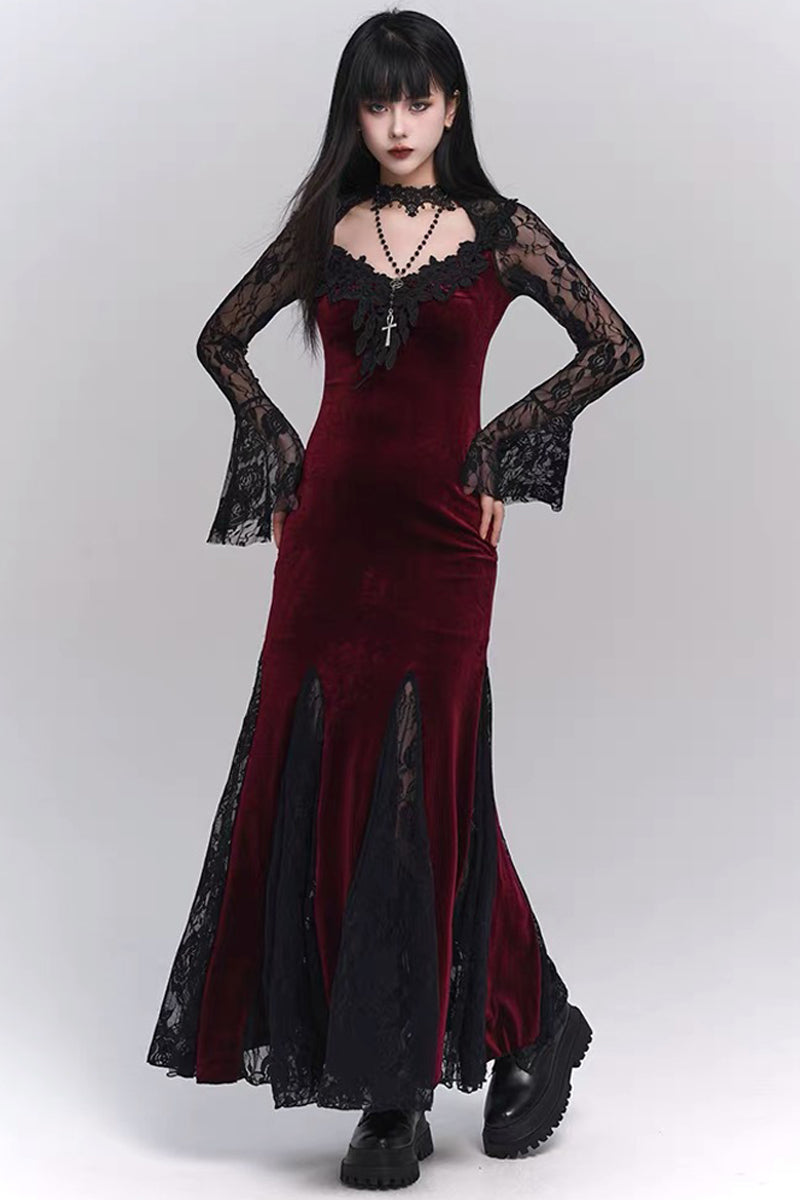 Gothic Lace V-Neck Velvet Mermaid Dress