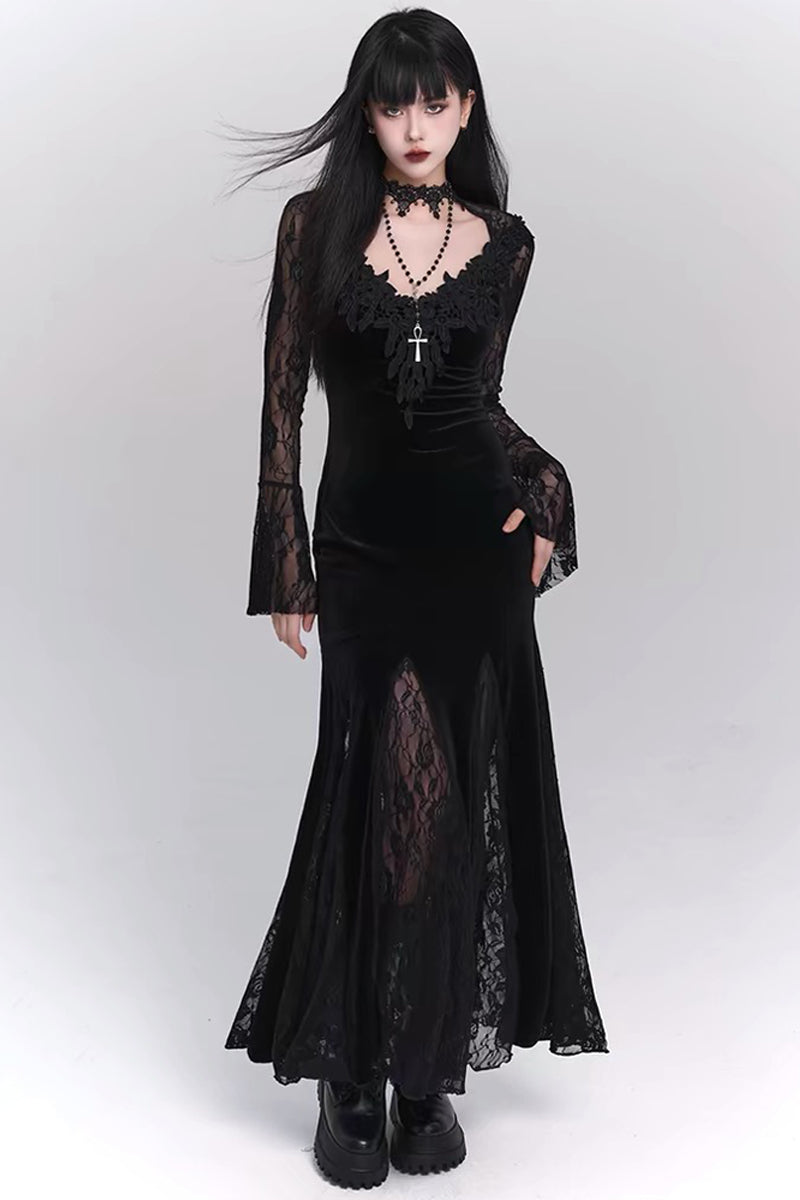 Gothic Lace V-Neck Velvet Mermaid Dress