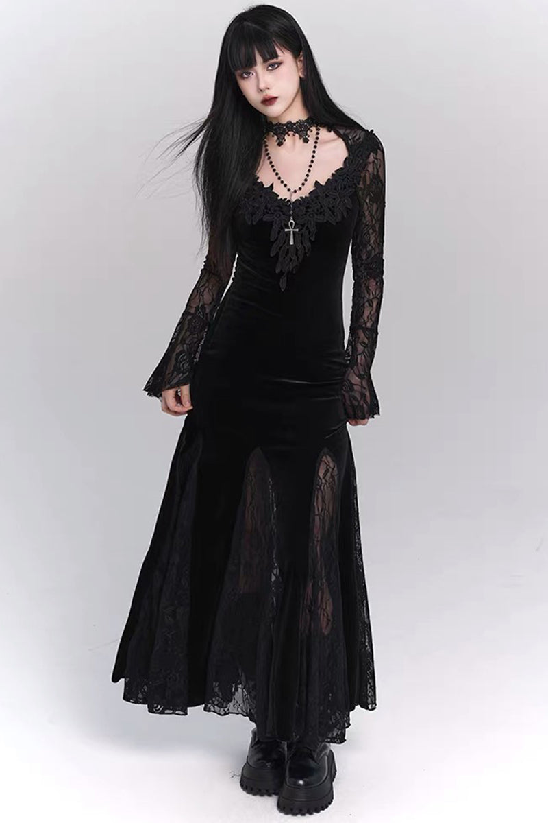 Gothic Lace V-Neck Velvet Mermaid Dress