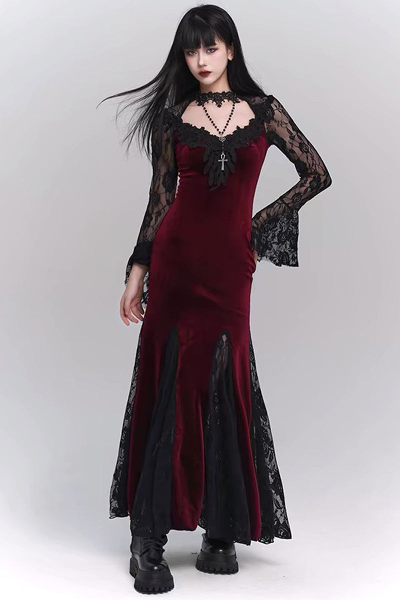 Gothic Lace V-Neck Velvet Mermaid Dress – Msdark