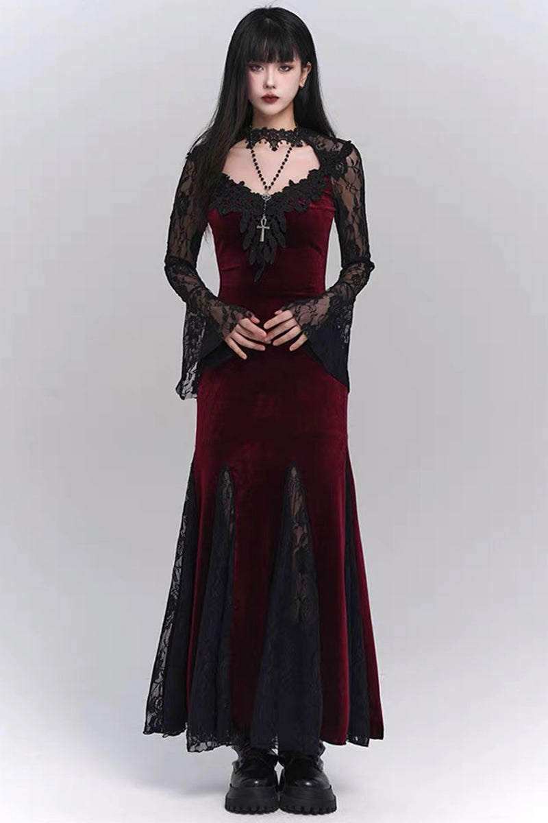 Gothic Lace V-Neck Velvet Mermaid Dress