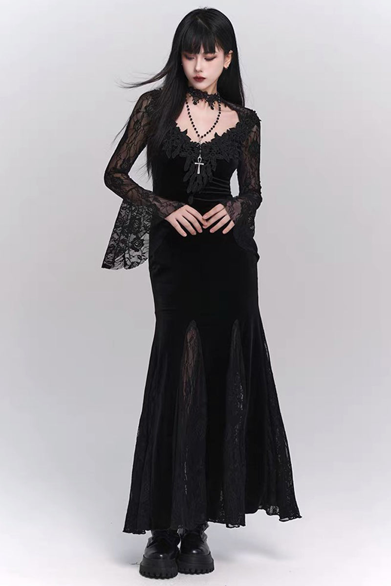 Gothic Lace V-Neck Velvet Mermaid Dress