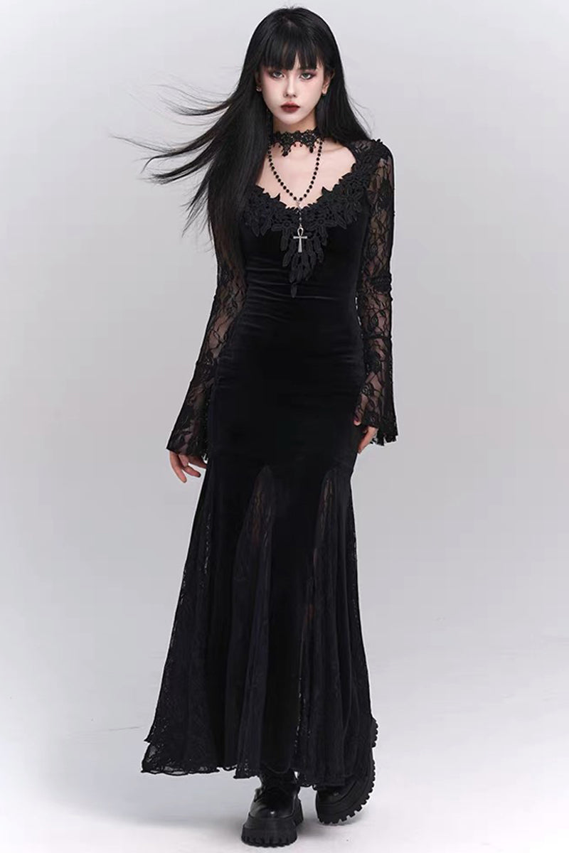 Gothic Lace V-Neck Velvet Mermaid Dress