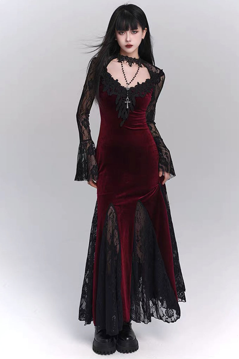 Gothic Lace V-Neck Velvet Mermaid Dress