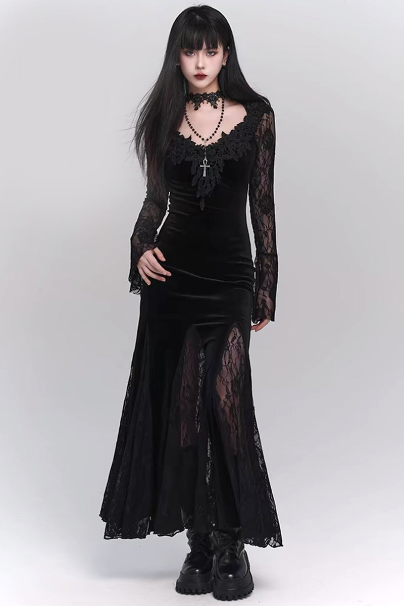Gothic Lace V-Neck Velvet Mermaid Dress