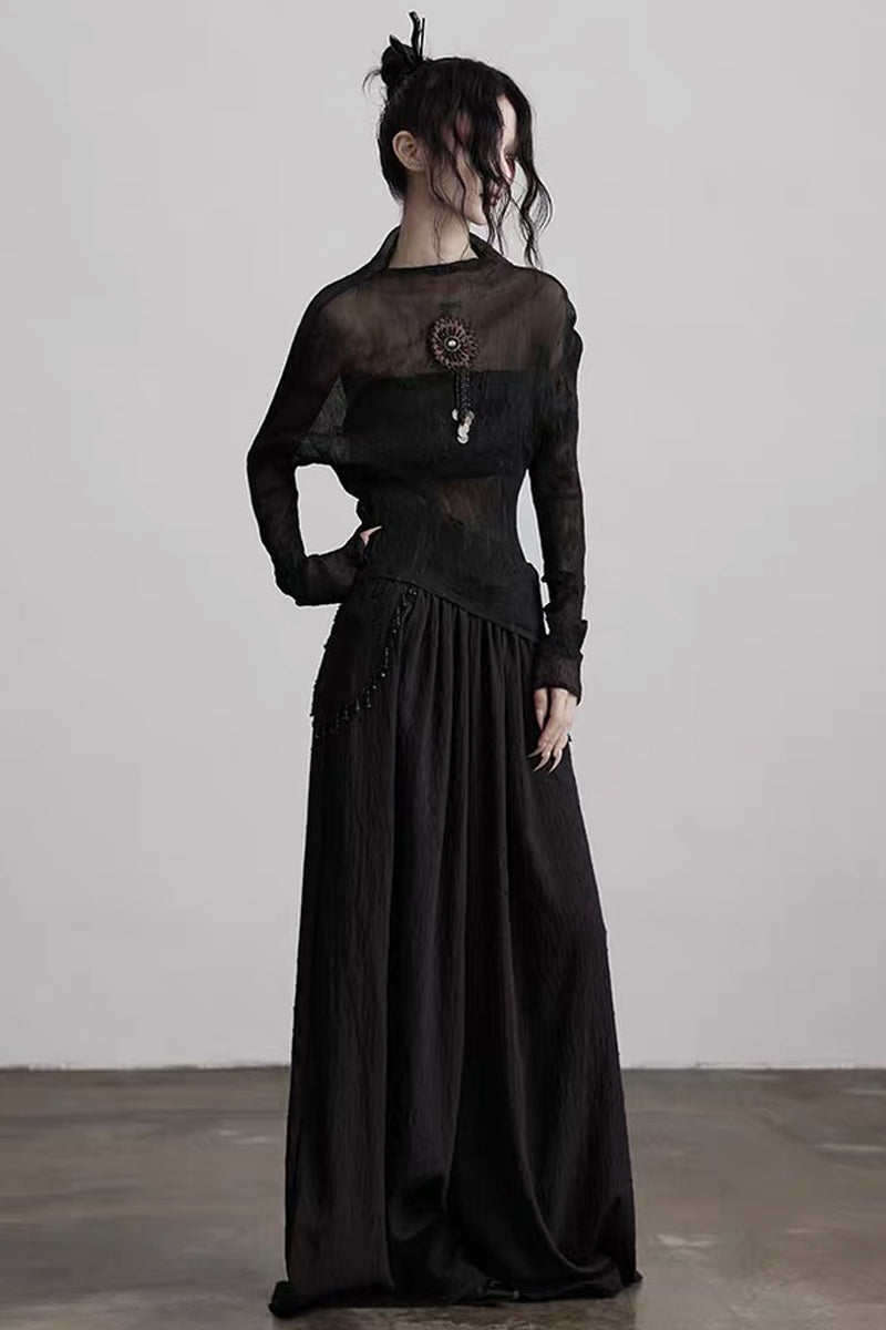 Gothic Pleated Mesh Paneled Top and Bandeau Set