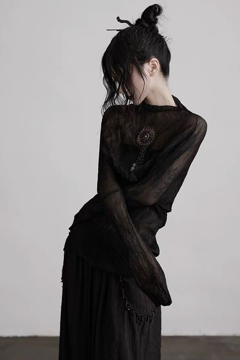 Gothic Pleated Mesh Paneled Top and Bandeau Set