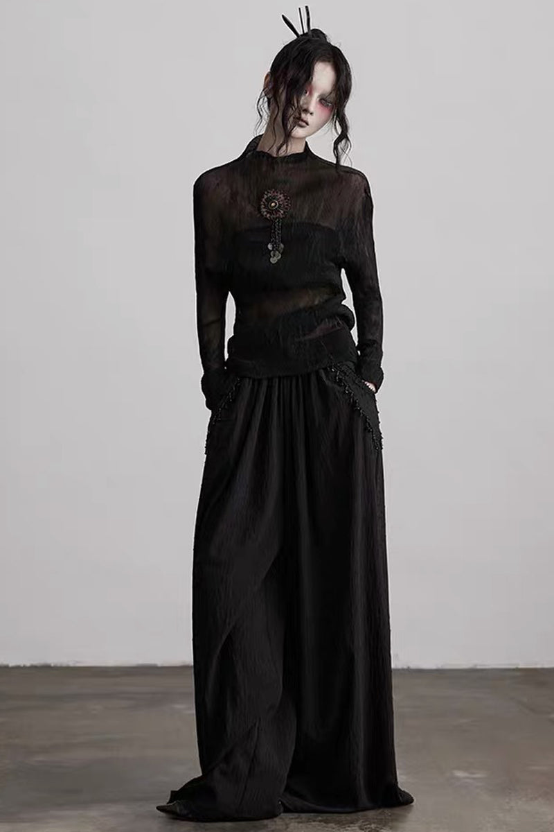 Gothic Pleated Mesh Paneled Top and Bandeau Set