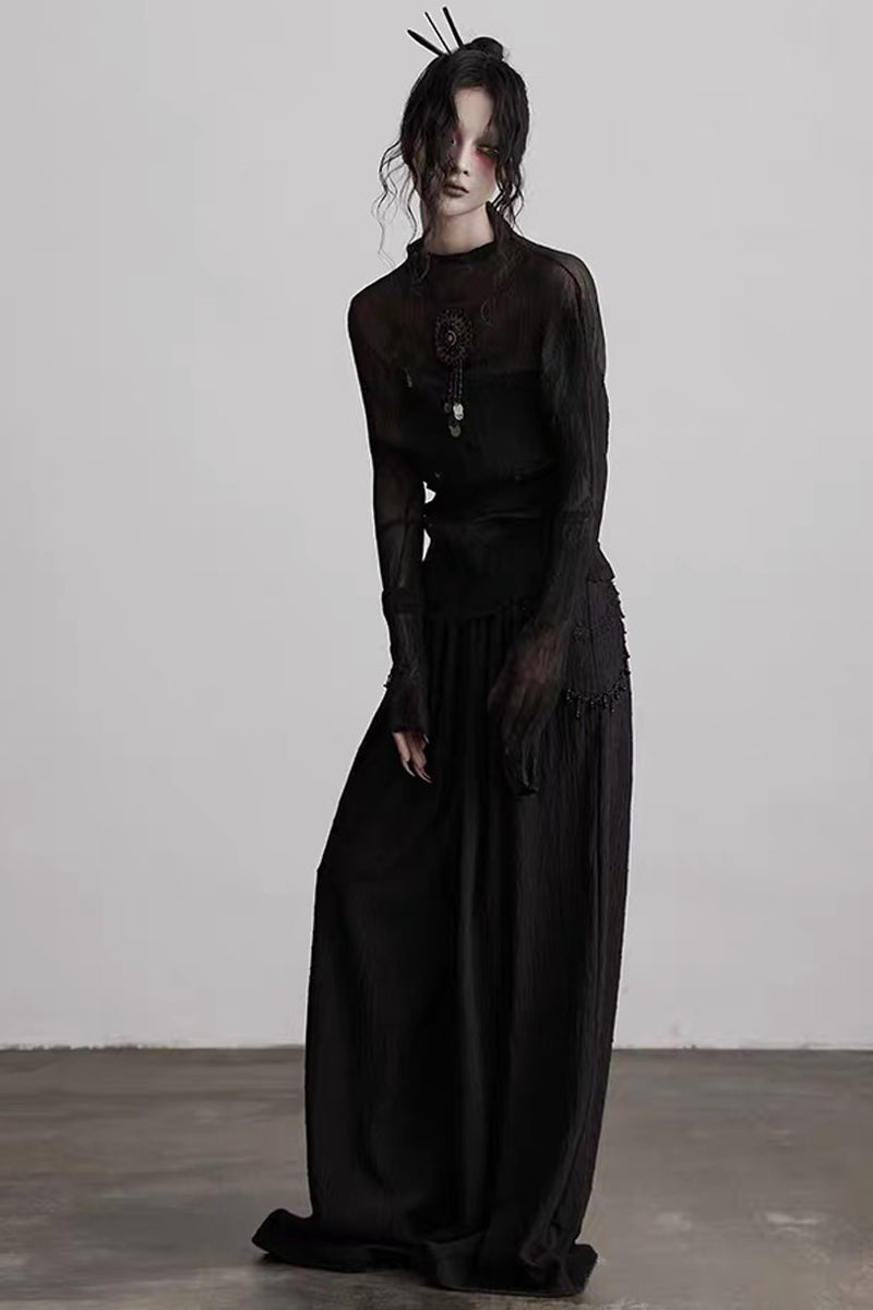 Gothic Pleated Mesh Paneled Top and Bandeau Set