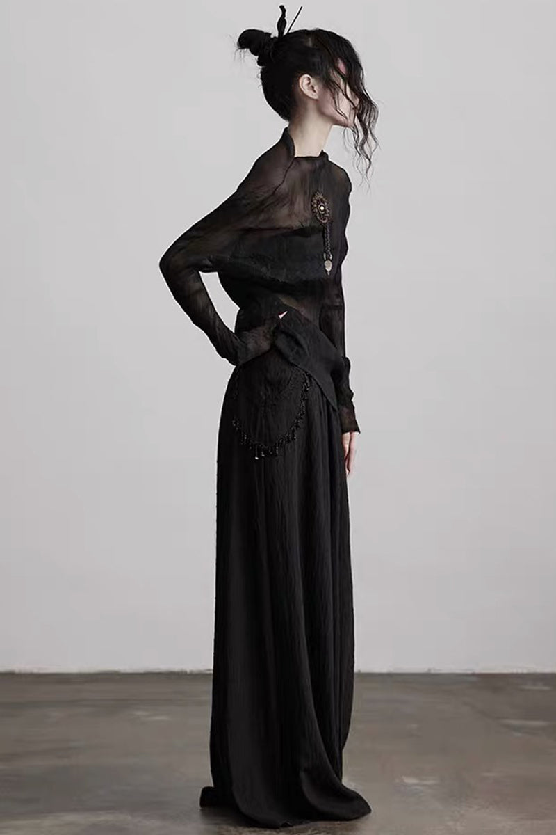 Gothic Pleated Mesh Paneled Top and Bandeau Set