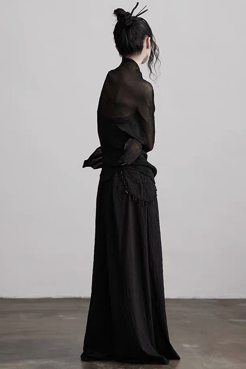 Gothic Pleated Mesh Paneled Top and Bandeau Set
