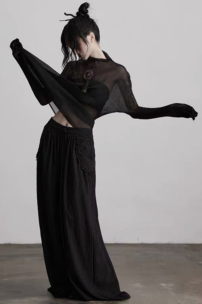Gothic Pleated Mesh Paneled Top and Bandeau Set