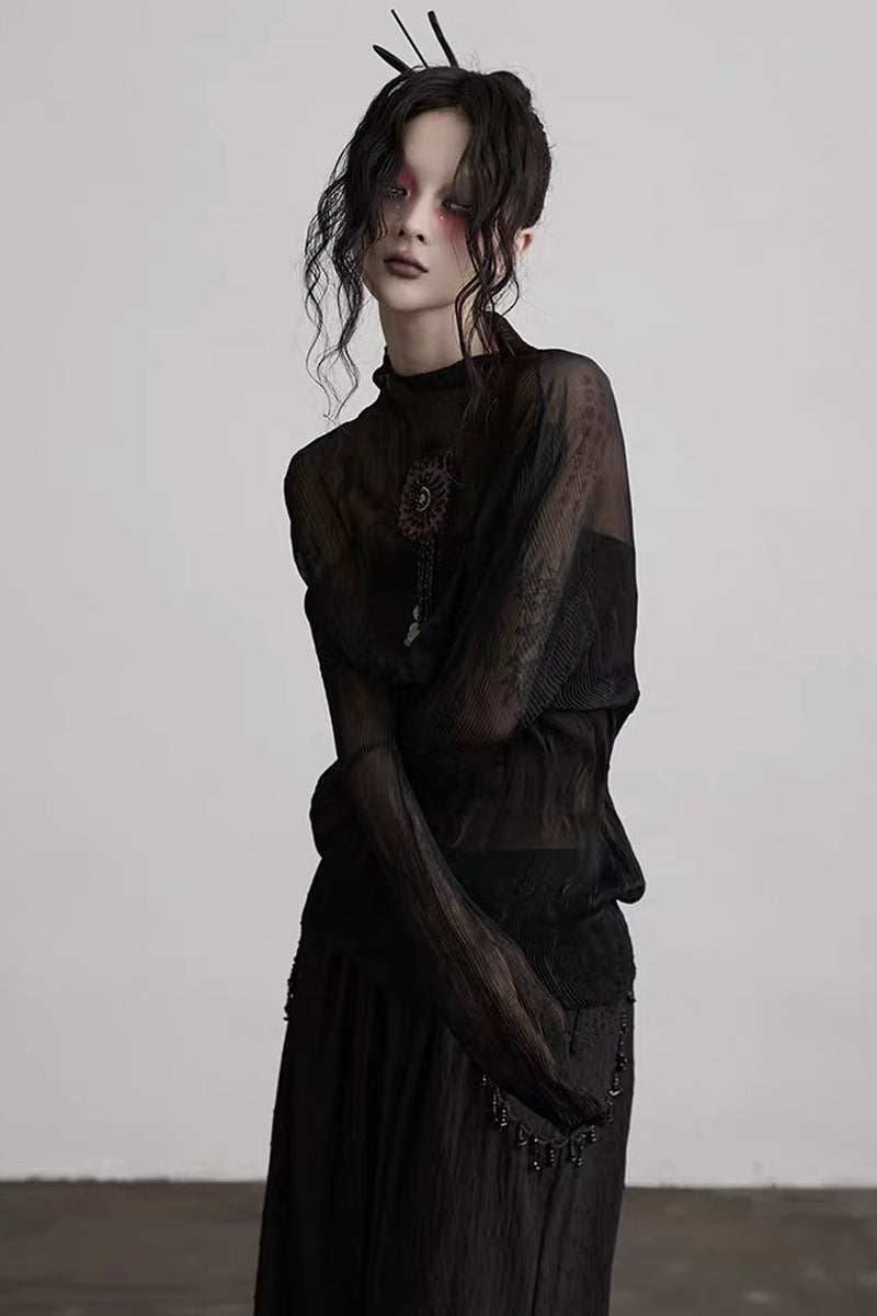 Gothic Pleated Mesh Paneled Top and Bandeau Set