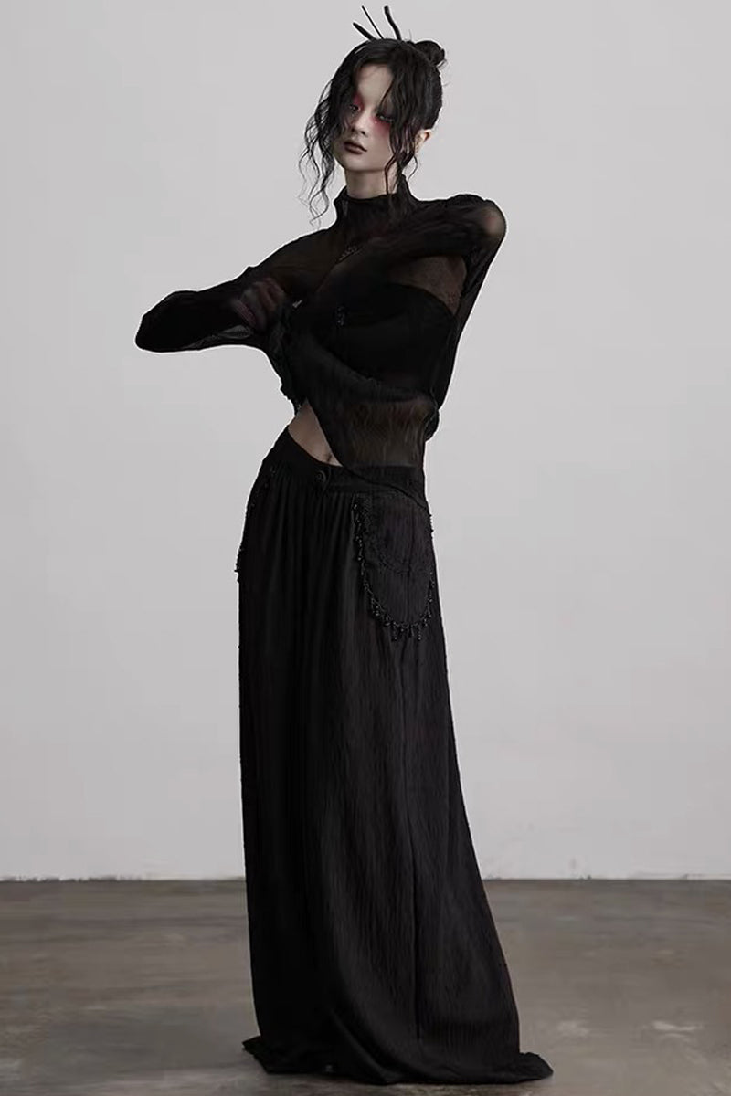 Gothic Pleated Mesh Paneled Top and Bandeau Set