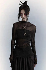 Gothic Pleated Mesh Paneled Top and Bandeau Set